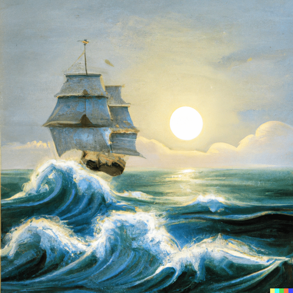 Painting of a ship at sea cresting a wave with the sun on the horizon in an 19th century style